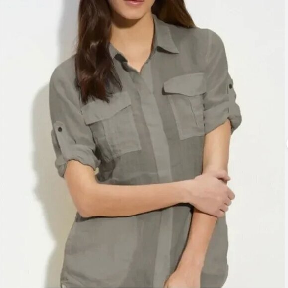 Theory Women Top Large 100% Ramie  Marandel Common Pocketed Button Down Blouse‎ - Picture 1 of 12